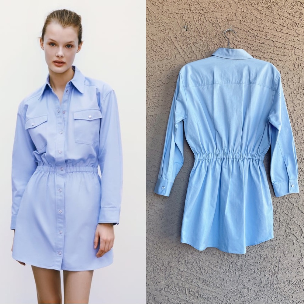 ZARA BLOGGER FAVE Light Blue Linen Blend Snap Long Sleeve Shirtdress Shirt Dress - Picture 3 of 15